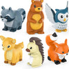Set of six animal figurines including a raccoon, bear, owl, deer, hedgehog, and fox on a white background.