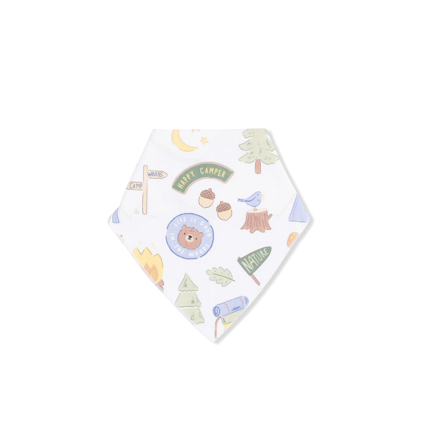 Baby bib with nature-themed design on a white background
