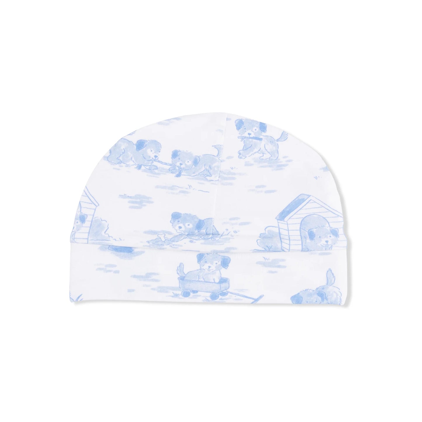 Baby hat with blue dog pattern on a white background