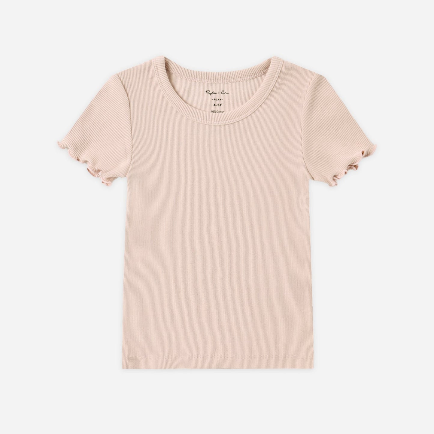 Girl wearing the Blush Ribbed Basic Tee with a scoop neckline