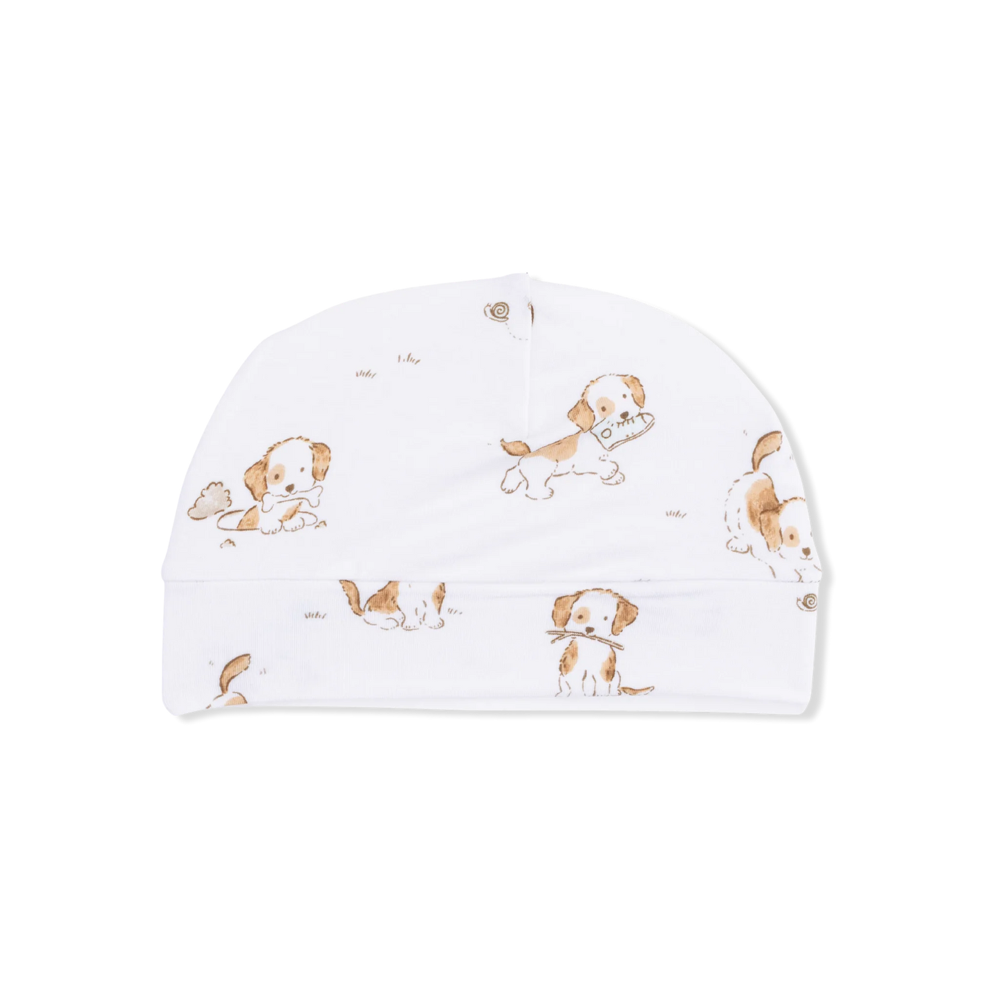 White baby hat with brown dog pattern