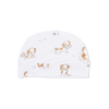 White baby hat with brown dog pattern
