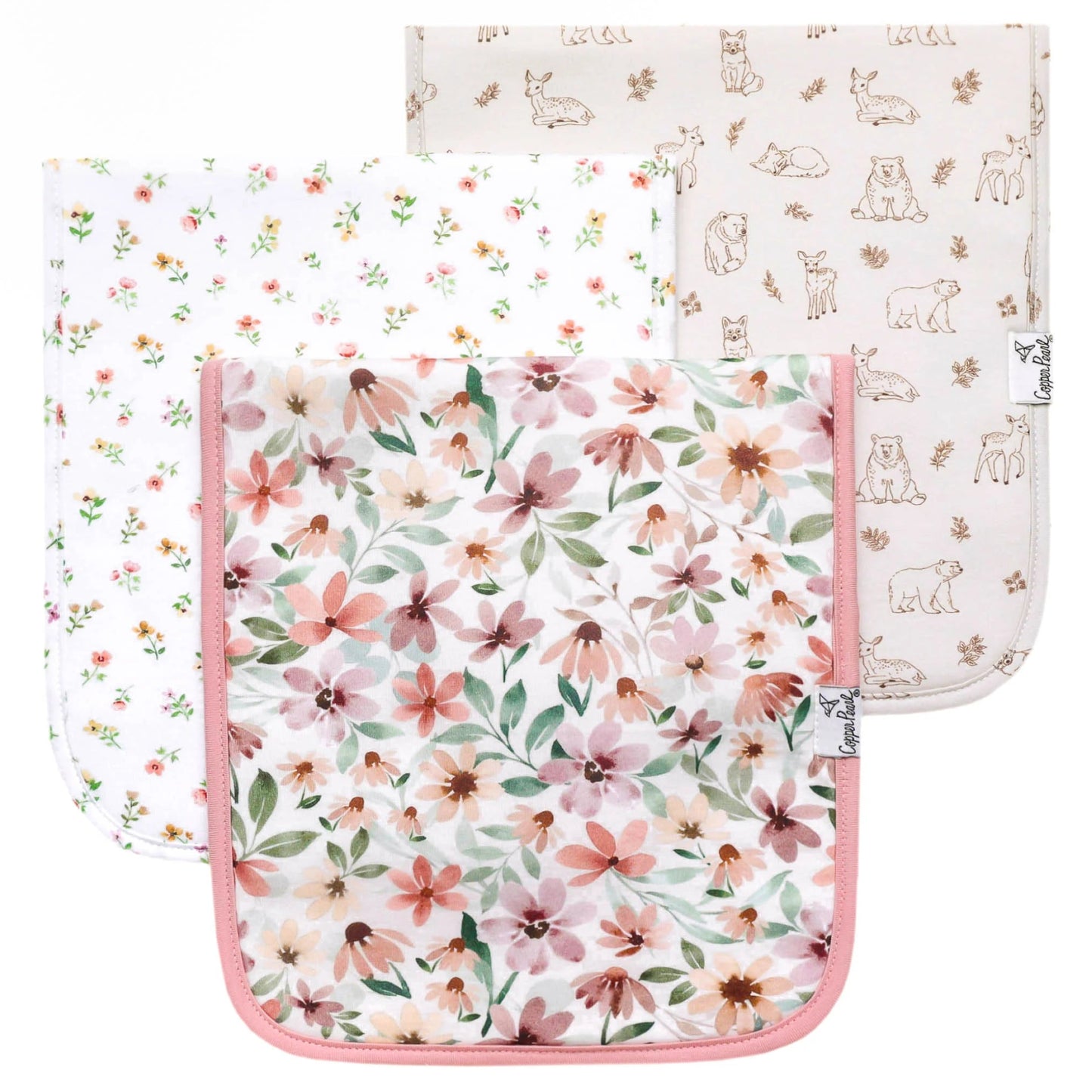 Three baby burp cloths with floral and animal prints on a white background