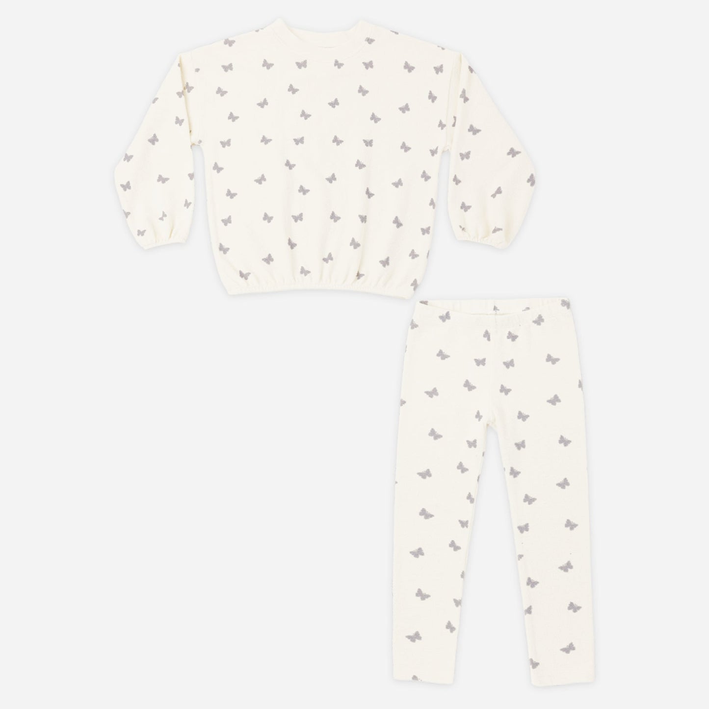 Girl wearing the Butterfly Ditsy Spongey Set sweatshirt and legging set