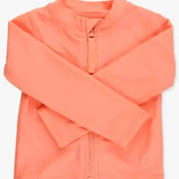 coral colored zip front rash guard on white background