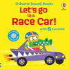 Book cover of 'Let's go in a Race Car!' by Usborne Sound Books with a colorful illustration of a crocodile in a race car.