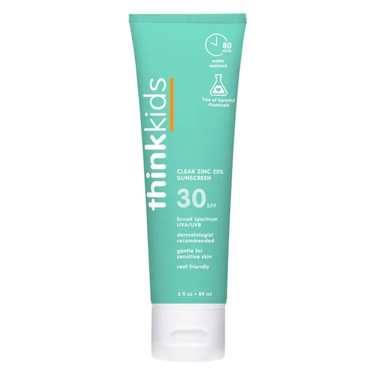 Tube of thinkkids sunscreen with SPF 50 on a white background