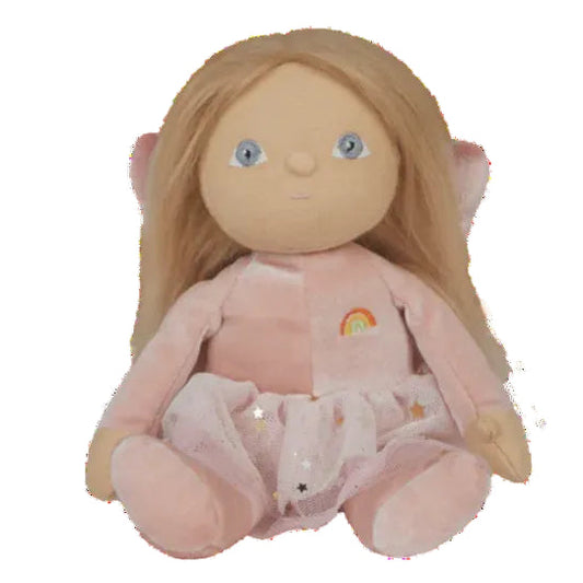 Plush toy fairy with blonde hair and blue eyes wearing a pink outfit on a white background
