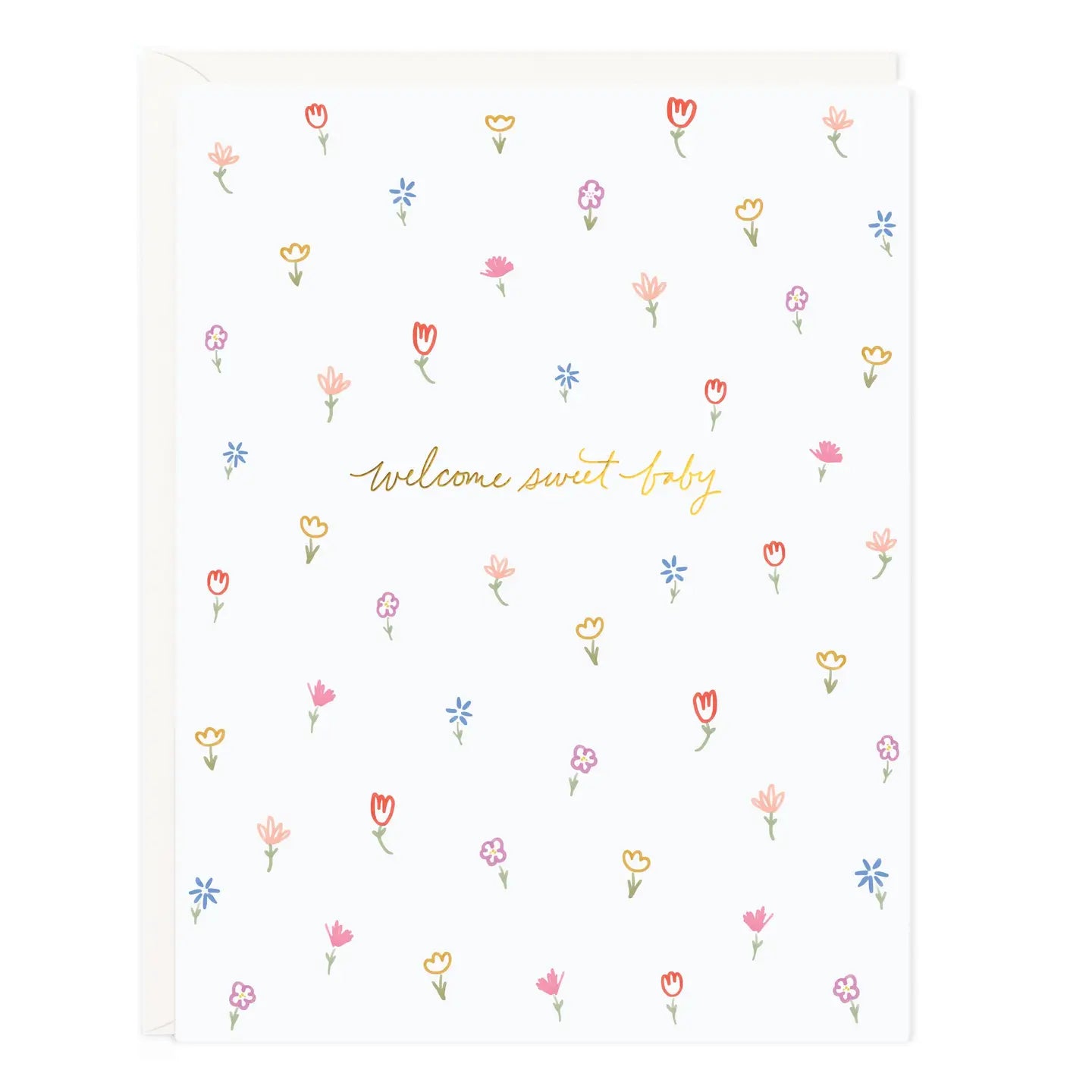 New baby card with delicate floral illustrations and gold foil hand-lettering