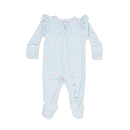 Light green stripe zip footie with pink cherry pattern