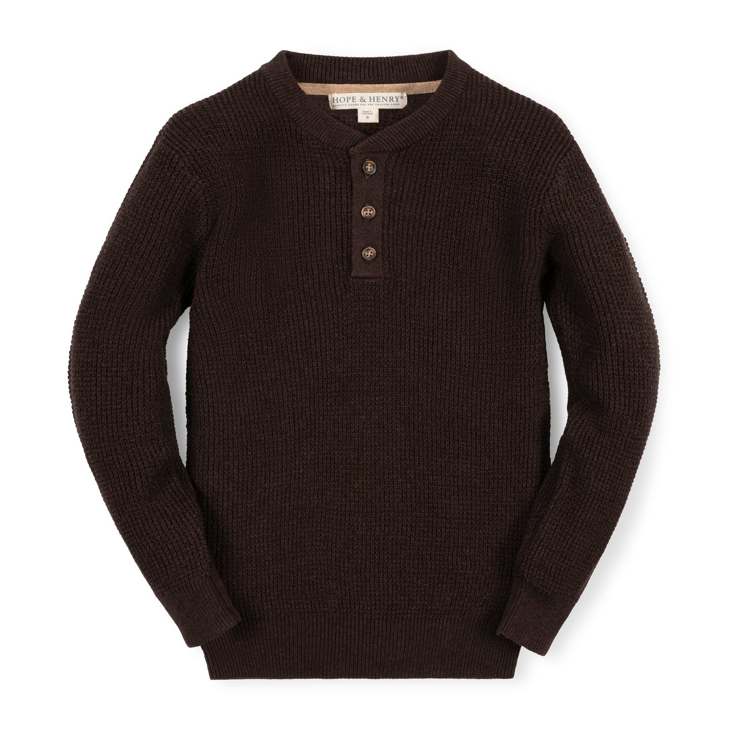 Boys Chocolate Heather Organic Sweater Henley with Elbow Patches by Hope & Henry, front view