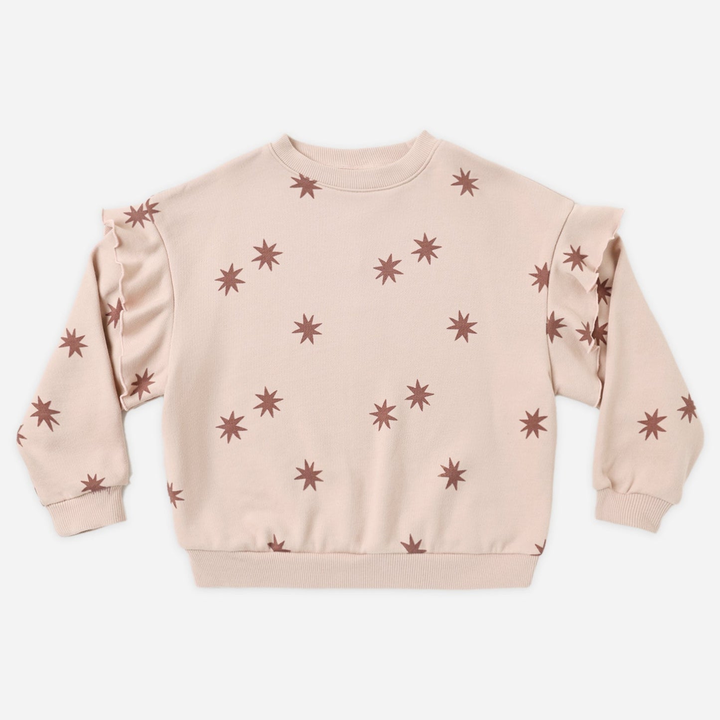 Girl wearing the Clay Stars Ruffle Sweatshirt with a ruffle sleeve detail