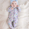 Light purple ruffle zip footie with blue and purple hydrangea flower print