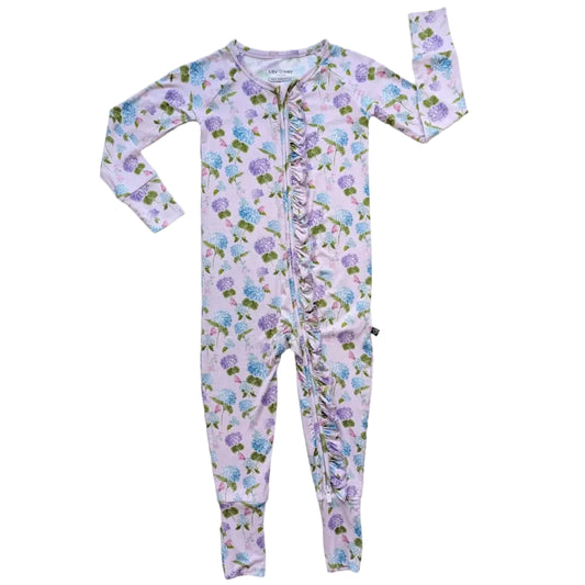 Light purple ruffle convertible romper with blue and purple hydrangea all over print