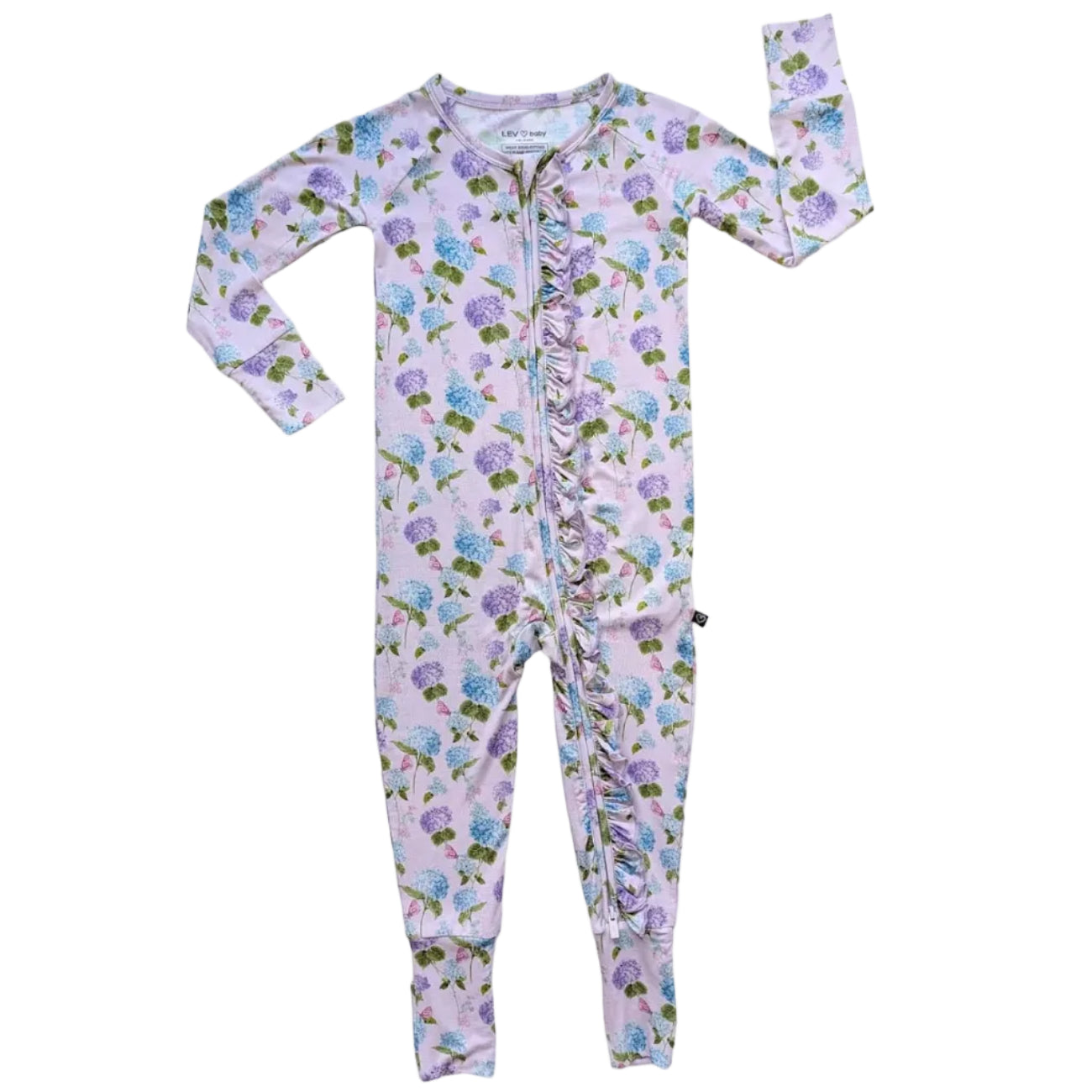 Light purple ruffle convertible romper with blue and purple hydrangea all over print