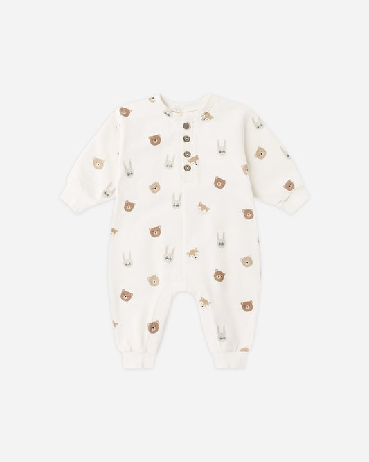 Baby wearing Quincy Mae Critters henley jumpsuit