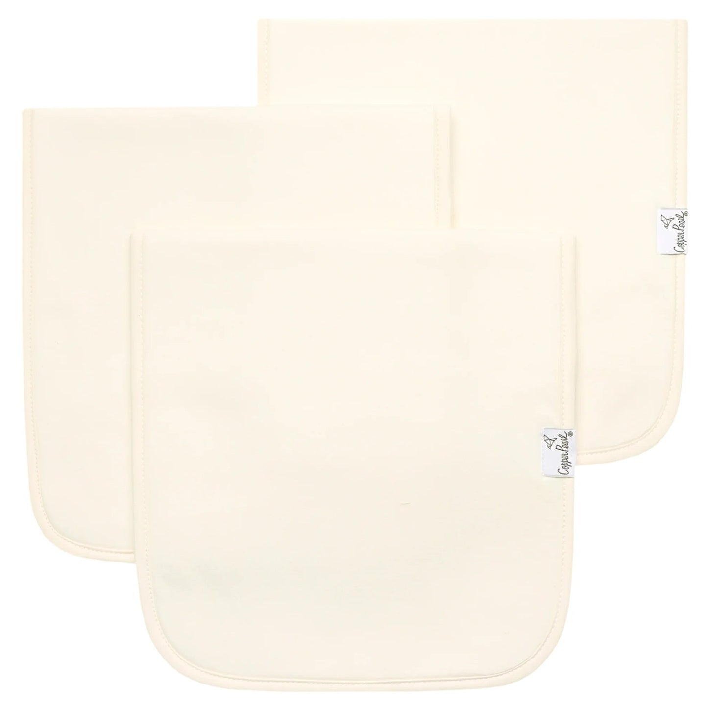 Three cream-colored baby burp cloths with a brand tag on a white background