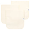 Three cream-colored baby burp cloths with a brand tag on a white background