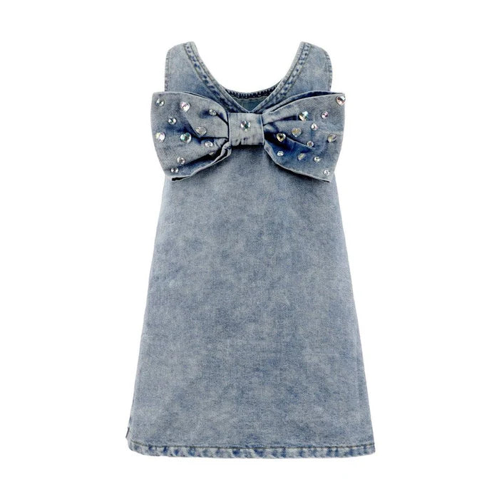 denim dress with bow Kristine Rhinestone Bow Denim Dress