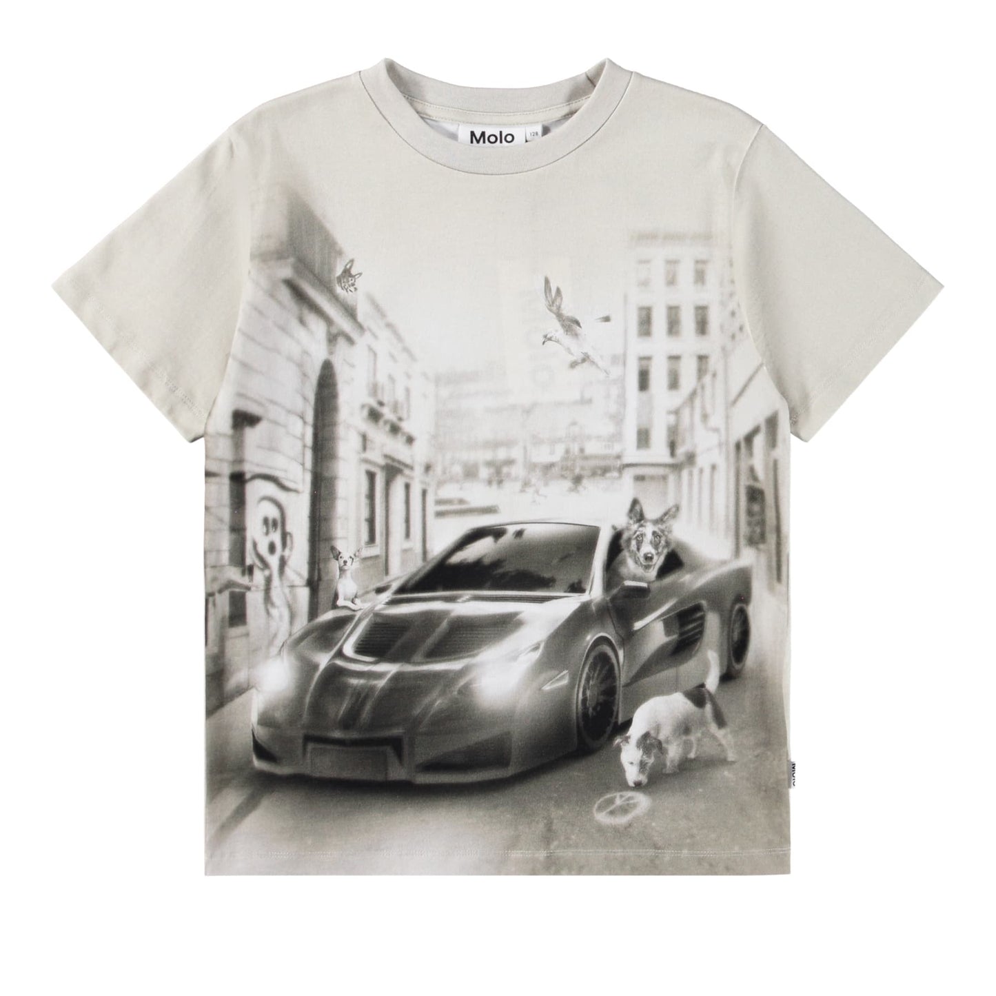 T-shirt with a graphic of a car and people on a city street, brand 'Molo' visible.