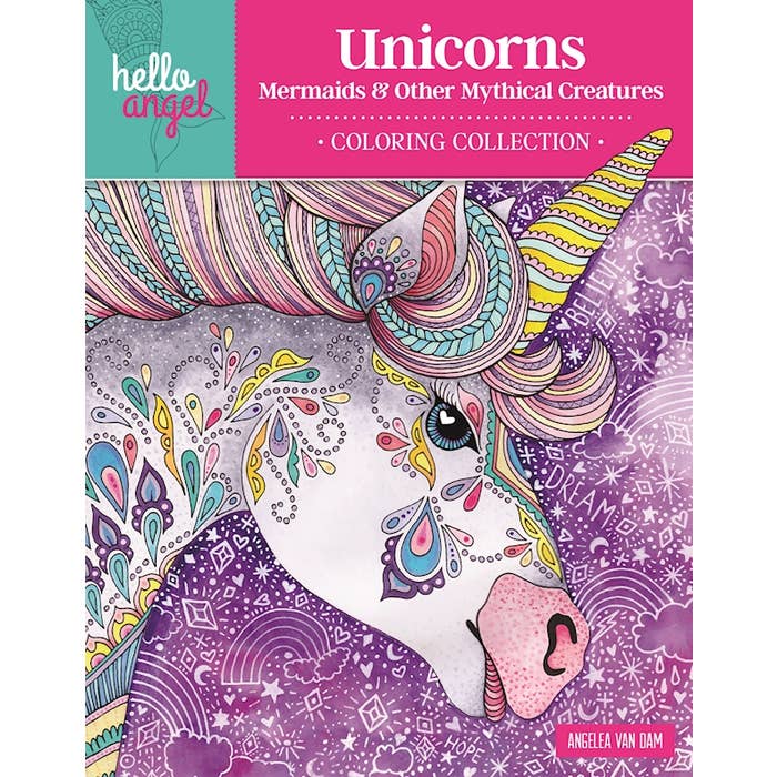 Coloring book cover with a unicorn illustration on a pink background