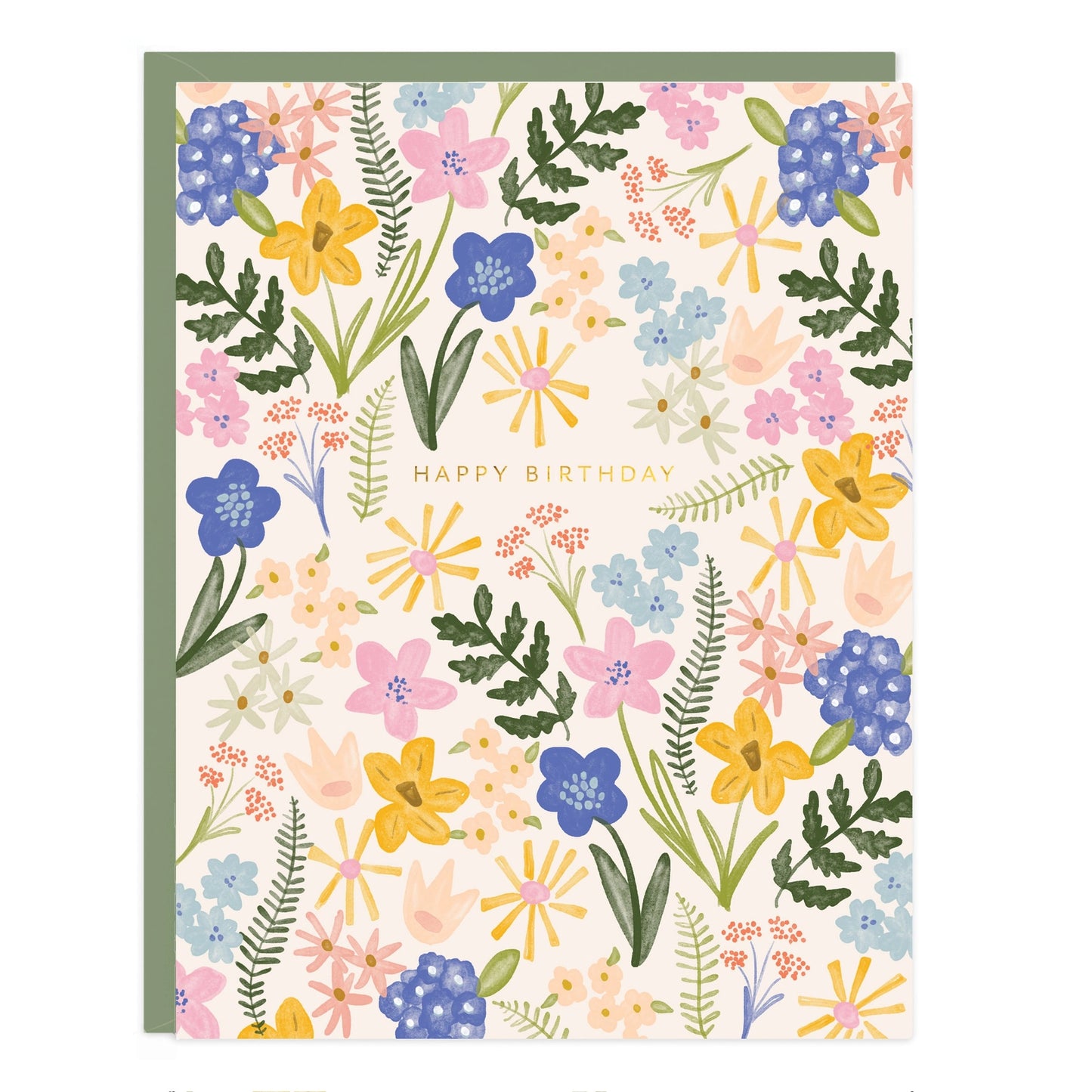 Birthday card with a hand-illustrated wildflower meadow covering the front, gold foil lettering