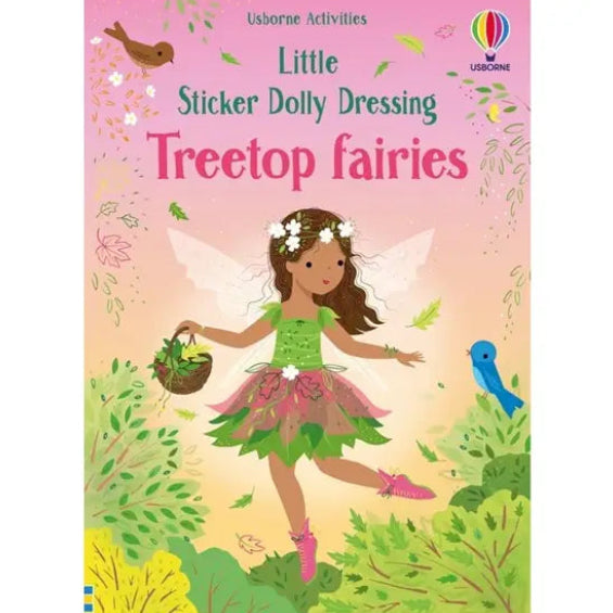 Book cover of 'Little Sticker Dolly Dressing Treetop fairies' with a fairy illustration on a pink background.