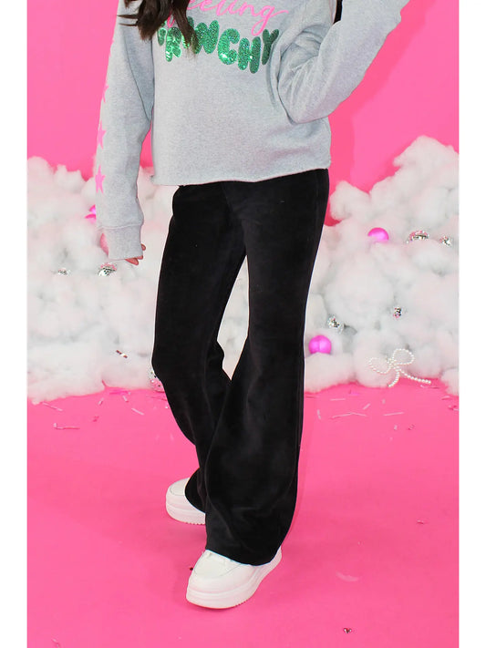 Black Velour Rib Flared Pants