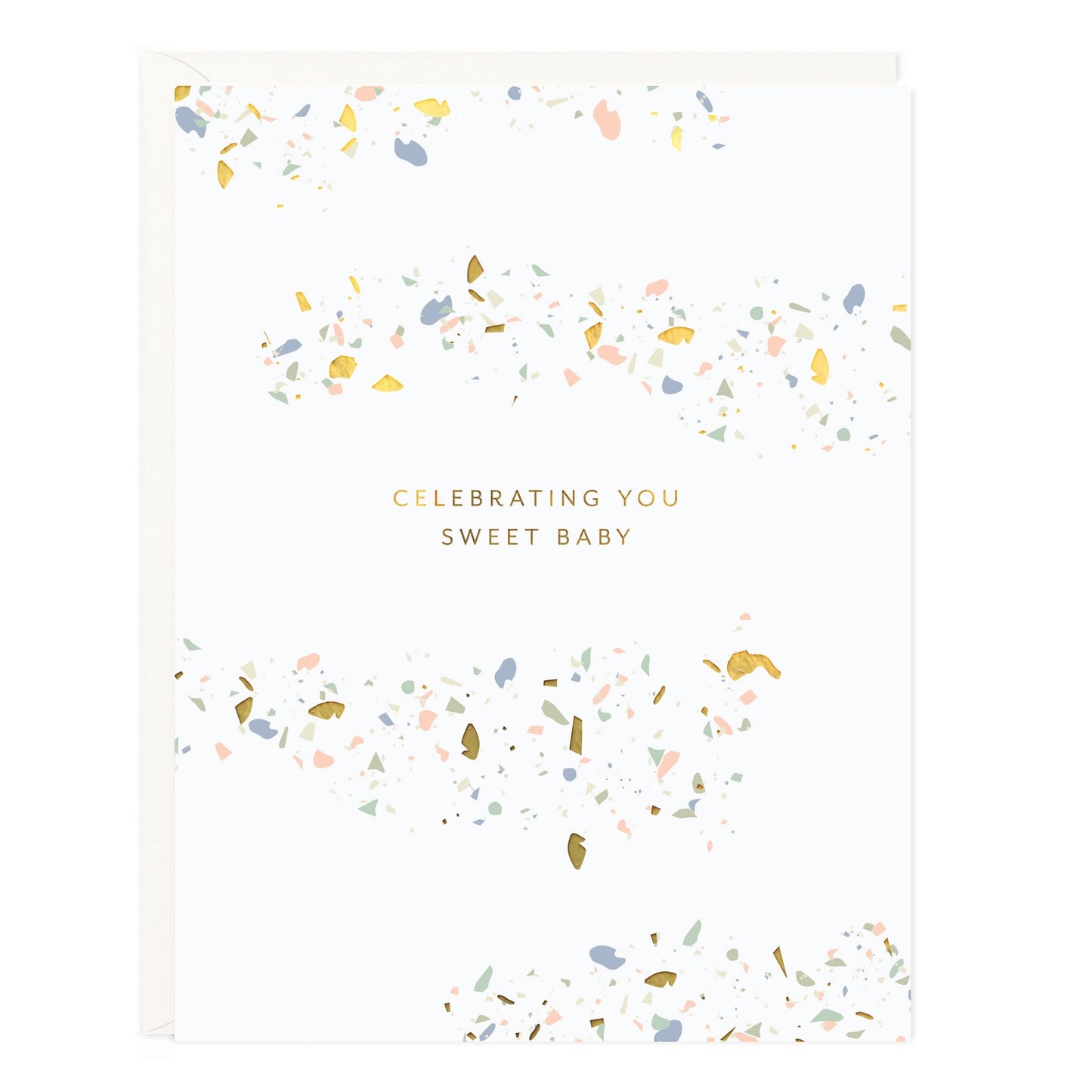 New baby card with a soft pastel confetti pattern, gold foil accent
