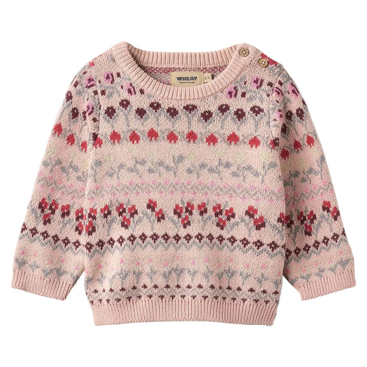 Dim rose jacquard knit pullover sweater for baby on a white background