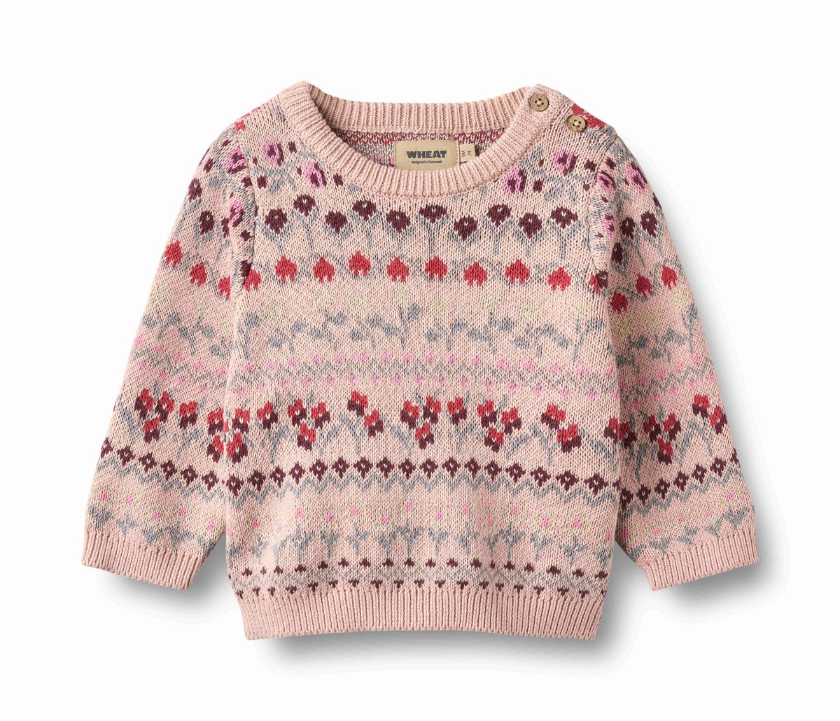 Dim rose jacquard knit pullover sweater for girls on a white background
