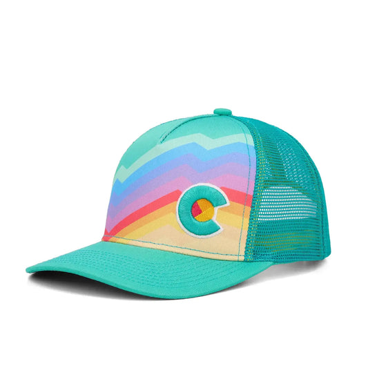 Teal trucker hat with rainbow graphic lines across front and letter C for Colorado