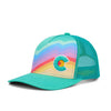 Teal trucker hat with rainbow graphic lines across front and letter C for Colorado