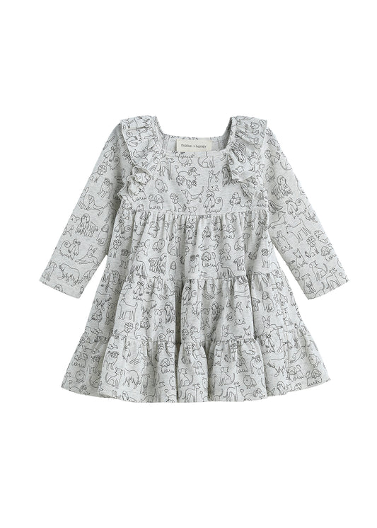 Doggie Doodles Dress in grey with dog print by Mabel & Honey