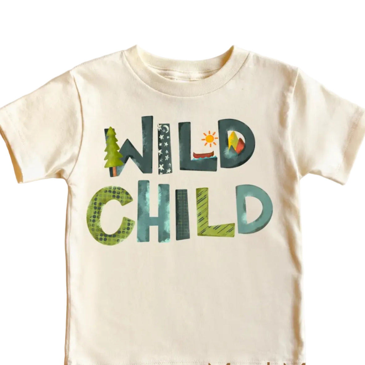Children's t-shirt with 'Wild Child' text and nature-themed design on a white background, branded as Madi Moosh.