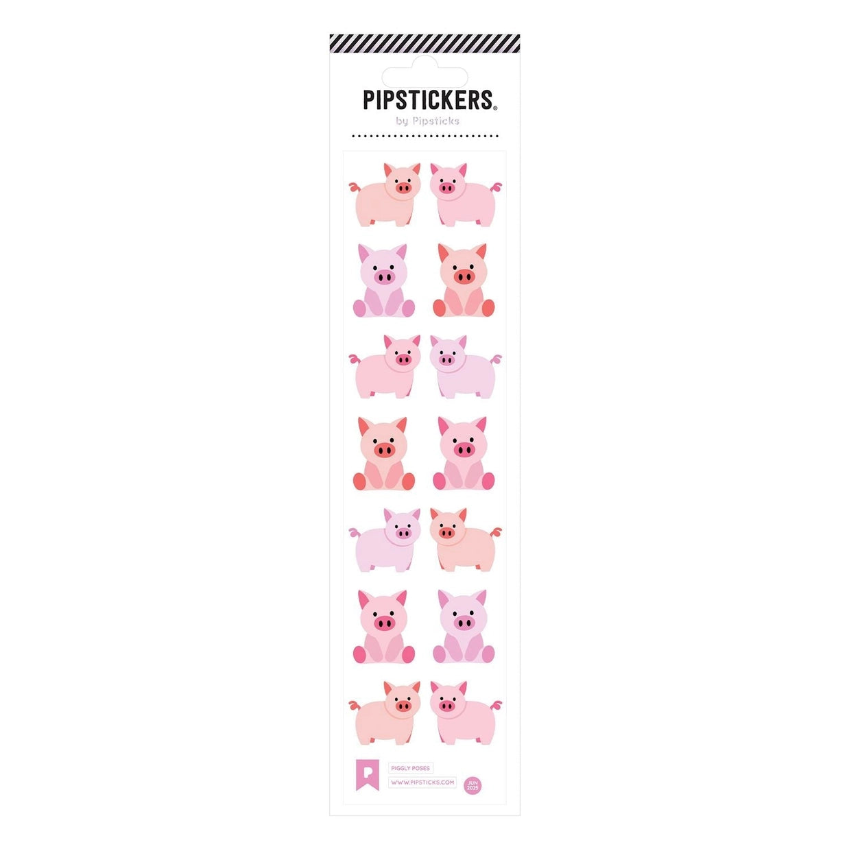 Sheet of pink pig stickers with 'PipStickers' branding on a white background