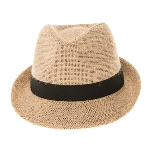 Beige straw hat with a black band on a white background