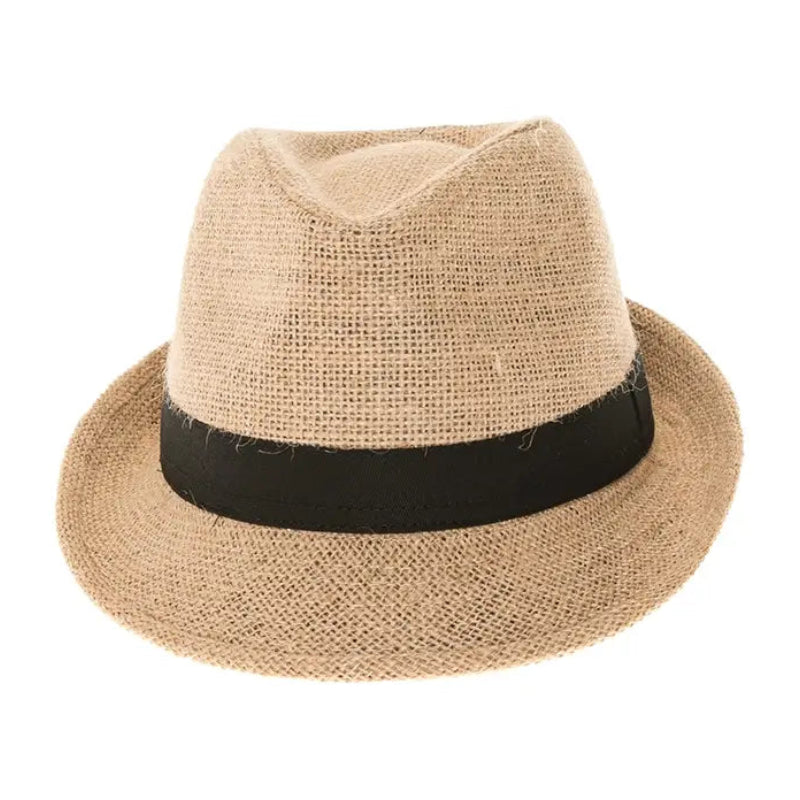 Beige straw hat with a black band on a white background