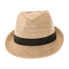 Beige straw hat with a black band on a white background