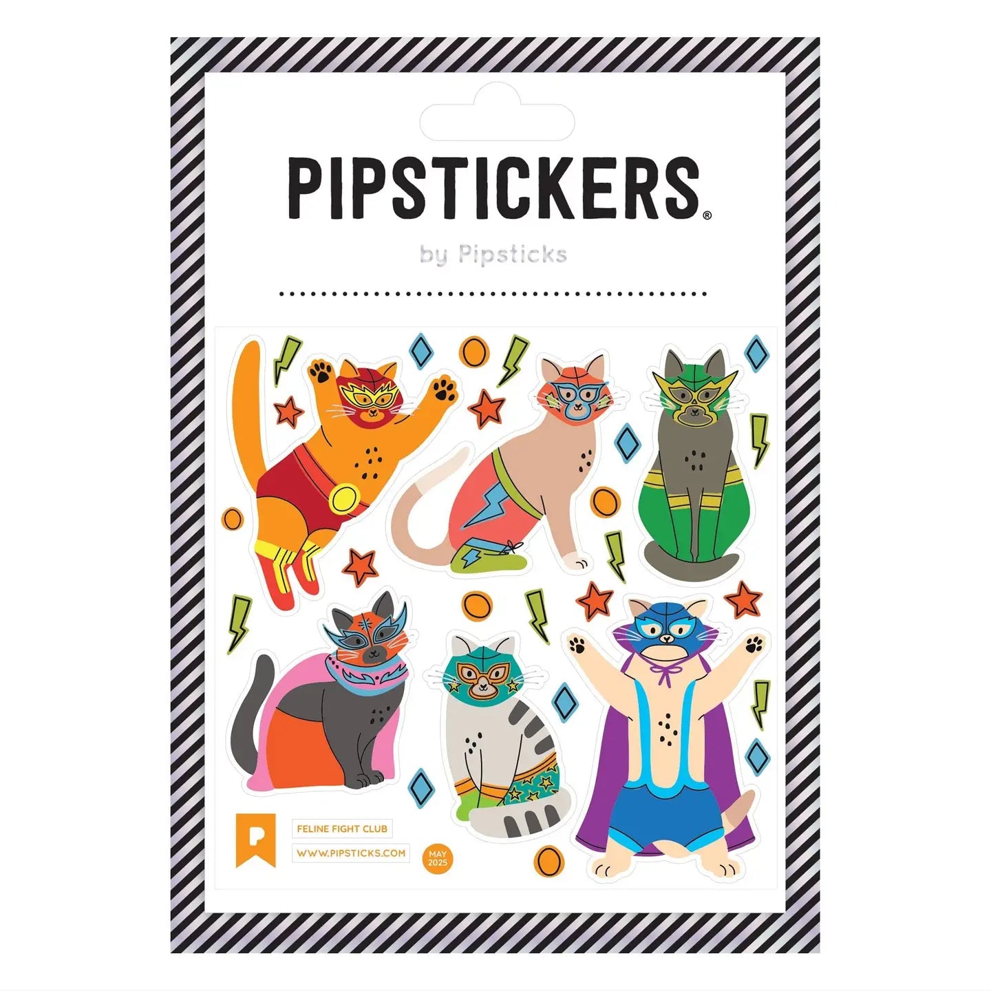 Packaging of PipStickers with colorful cat illustrations on a white background