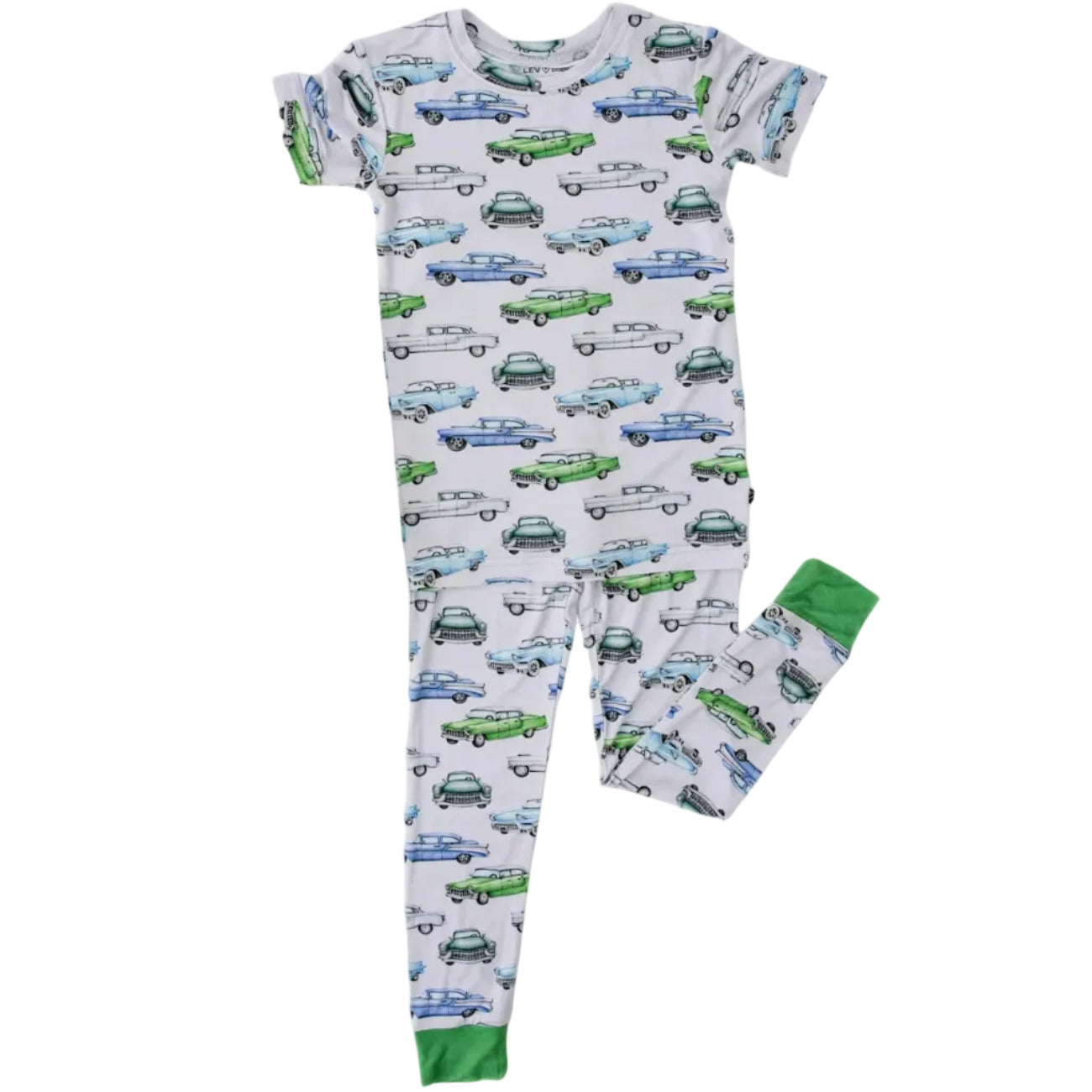 Children's pajama set with car pattern on a white background