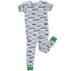 Children's pajama set with car pattern on a white background