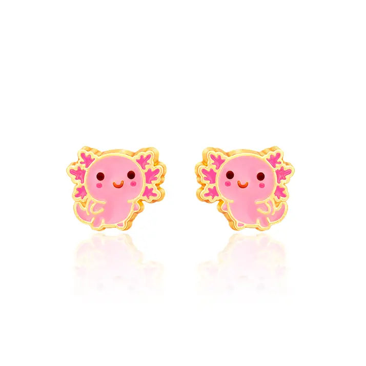 Pair of pink axolotl-shaped earrings on a white background