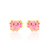 Pair of pink axolotl-shaped earrings on a white background