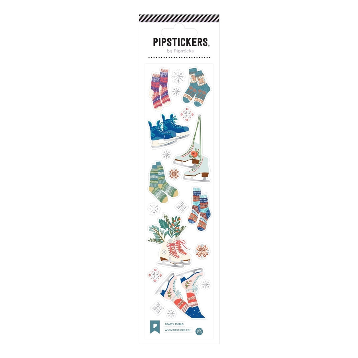Sheet of colorful winter-themed stickers featuring socks and skates on a white background with 'PipStickers' branding.