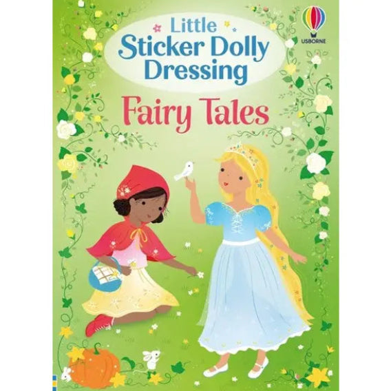Book cover of 'Little Sticker Dolly Dressing Fairy Tales' with two fairy tale characters on a green background.
