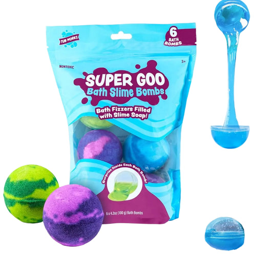 Super Goo Bath Slime Bombs packaging with colorful slime bombs and a blue scoop.