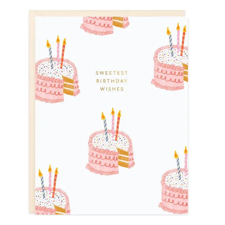 Birthday card with illustrated cake slices and candles, gold foil lettering
