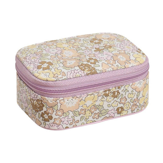 A rectangular zippered case with rounded corners, featuring a vintage floral pattern in pastel pink, yellow, and brown on a cream background, with a light purple zipper.