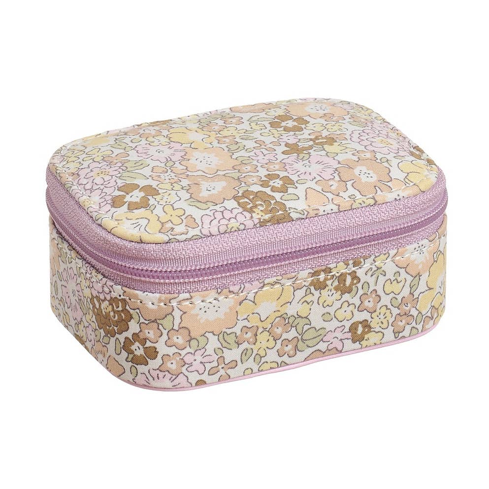 A rectangular zippered case with rounded corners, featuring a vintage floral pattern in pastel pink, yellow, and brown on a cream background, with a light purple zipper.